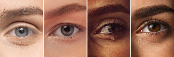 Collage. Close-up female beautiful eye. Looking at camera. Natural beauty, wellness, well-kept skin, herbal cosmetics concept