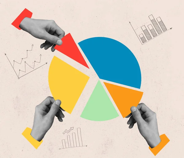 Collage, concetto di business. Composizione con controllo mani umane, prendendo pezzi di diagramma muclticolore isolato su fondo chiaro. — Foto Stock