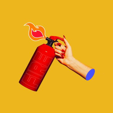 Pop-art tarzında modern sanat kolajı. Kopyalama alanı ve karşıtlığı olan modaya uygun arkaplanda izole edilmiş eller
