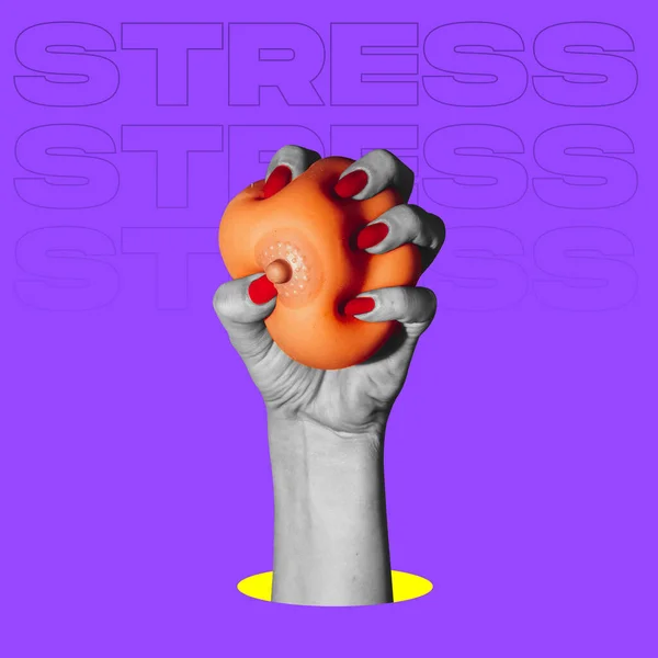 Koláž moderního umění ve stylu pop-art. Ženská ruka s gumovou žárovkou izolované na fialovém pozadí s copyspace pro reklamu, kontrast — Stock fotografie