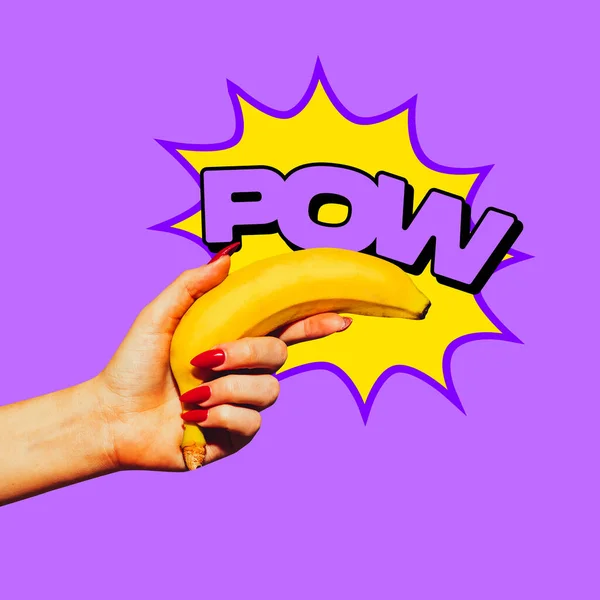 Koláž moderního umění ve stylu pop-art. Ruka s banánem izolované na fialovém pozadí s copyspace pro reklamu, kontrast — Stock fotografie