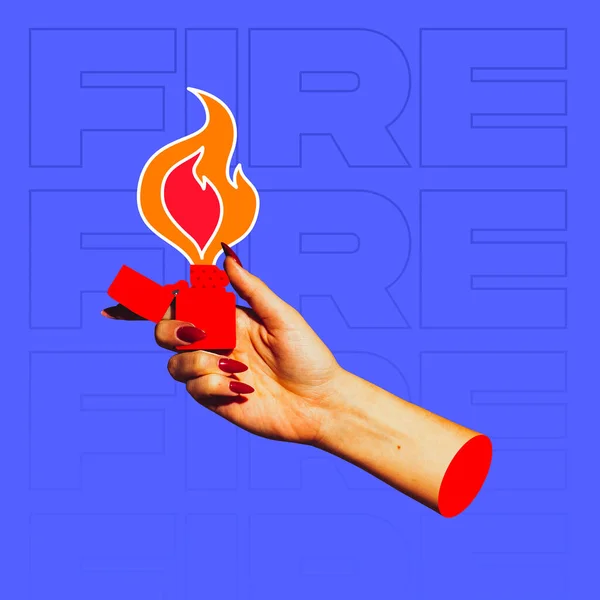 Modern art collage in pop-art style. Female hand with cigarette lighter isolated on blue background with copyspace for ad, contrast. Complementary colors