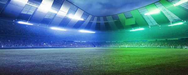 Full stadium and neoned colorful flashlights background. Concept of sport, competition, winning, action and motion. Empty area for championships, your ad, design — Stock Photo, Image