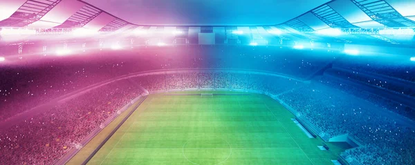 Estádio completo e neoned fundo lanternas coloridas. Conceito de esporte, competição, vitória, ação e movimento. Área vazia para campeonatos, seu anúncio, design — Fotografia de Stock