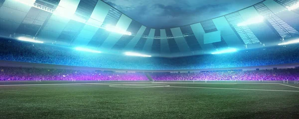 Tomma stadion och neoned färgglada ficklampor bakgrund. Fylld med fans. Blank utrymme för mästerskap, din annons, design — Stockfoto