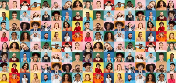 Collage van gezichten van verraste multi-etnische mensen geïsoleerd op veelkleurige achtergronden. Gelukkige mannen, vrouwen en kinderen. Menselijke emoties, gezichtsuitdrukking, diversiteitsconcept. — Stockfoto