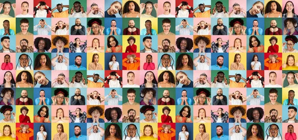 Colagem de rostos de pessoas multiétnicas surpresas isoladas em fundos multicoloridos. Homens felizes, mulheres e crianças. Emoções humanas, expressão facial, conceito de diversidade. — Fotografia de Stock