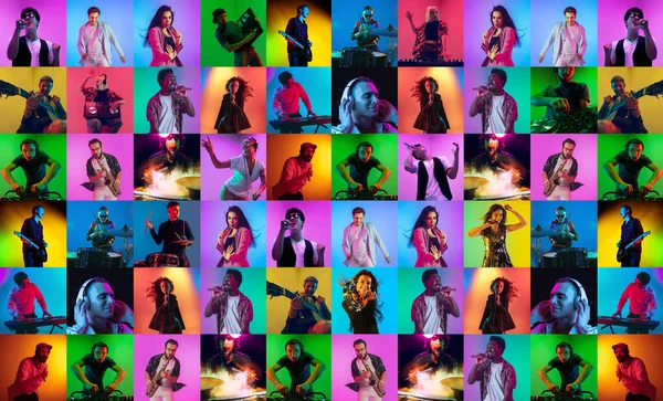 Collage of faces of surprised musicians on multicolored backgrounds. Happy men and women smiling. Human emotions, facial expression concept. — Stock Photo, Image