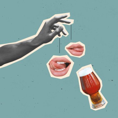 Çağdaş sanat kolajı ve modern tasarım. Festival havası. Bira partisi. Fikir kavramı, ilham, yaratıcılık ve sanat.