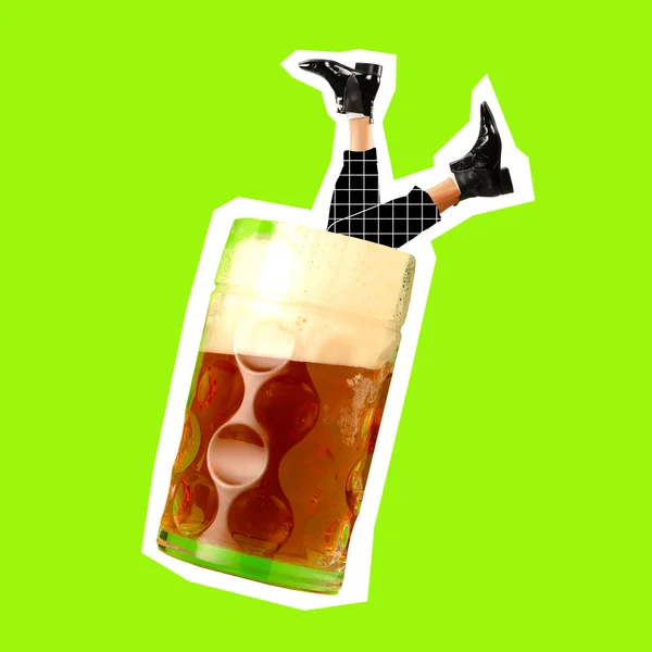 Modern design, contemporary art collage. Inspiration, idea, trendy urban magazine style. Male feet drowning in liter glass of beer on bright neon green background — Stock Photo, Image