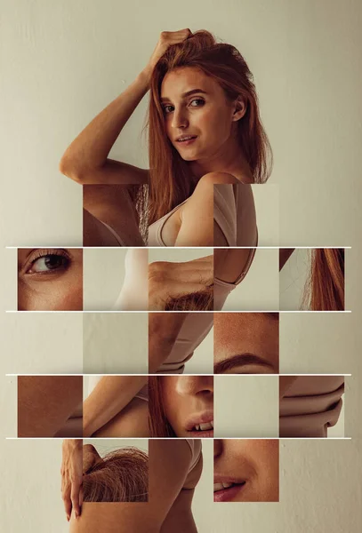 Collage, puzzle scorrevole. Ritratto di giovane bella donna con la testa rossa abbronzata sottile in lingerie che posa isolata su uno sfondo leggero da studio. Concetto di bellezza naturale. — Foto Stock