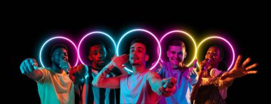 Collage made of multiethnic young people standing together isolated on dark studio background in multicolored neon light with geometric luminescent shape cirlce clipart