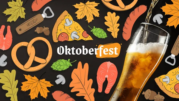 Oktoberfest festivalinin yatay posteri. Bira bardağı ve geleneksel bira aperatifleri. Düz dizayn, koyu arkaplanda illüstrasyon. Tatil, içki, parti kavramı — Stok fotoğraf