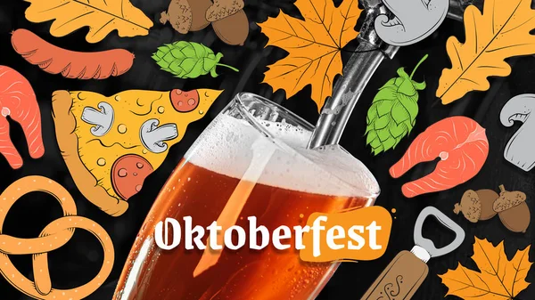 Oktoberfest festivalinin yatay posteri. Bira bardağı ve geleneksel bira aperatifleri. Düz dizayn, koyu arkaplanda illüstrasyon. Tatil, içki, parti kavramı — Stok fotoğraf