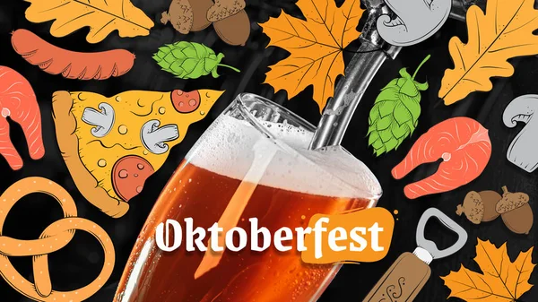 Cartel horizontal al festival oktoberfest. Vaso de cerveza y aperitivos tradicionales de cerveza. Diseño plano, ilustración sobre fondo oscuro. Concepto de días festivos, bebidas, fiesta — Foto de Stock