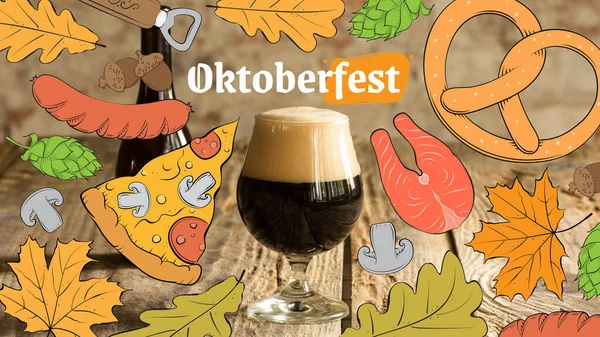 Oktoberfest festivalinin yatay posteri. Bira bardakları ve geleneksel bira atıştırmalıkları. Düz dizayn, koyu arkaplanda illüstrasyon. Tatil, içki, parti kavramı — Stok fotoğraf