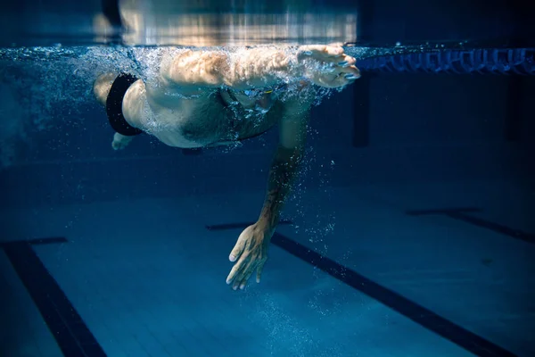 Visão subaquática do nadador masculino profissional em movimento e ação durante o treinamento na piscina, dentro de casa. Estilo de vida saudável, poder, energia, conceito de movimento desportivo — Fotografia de Stock