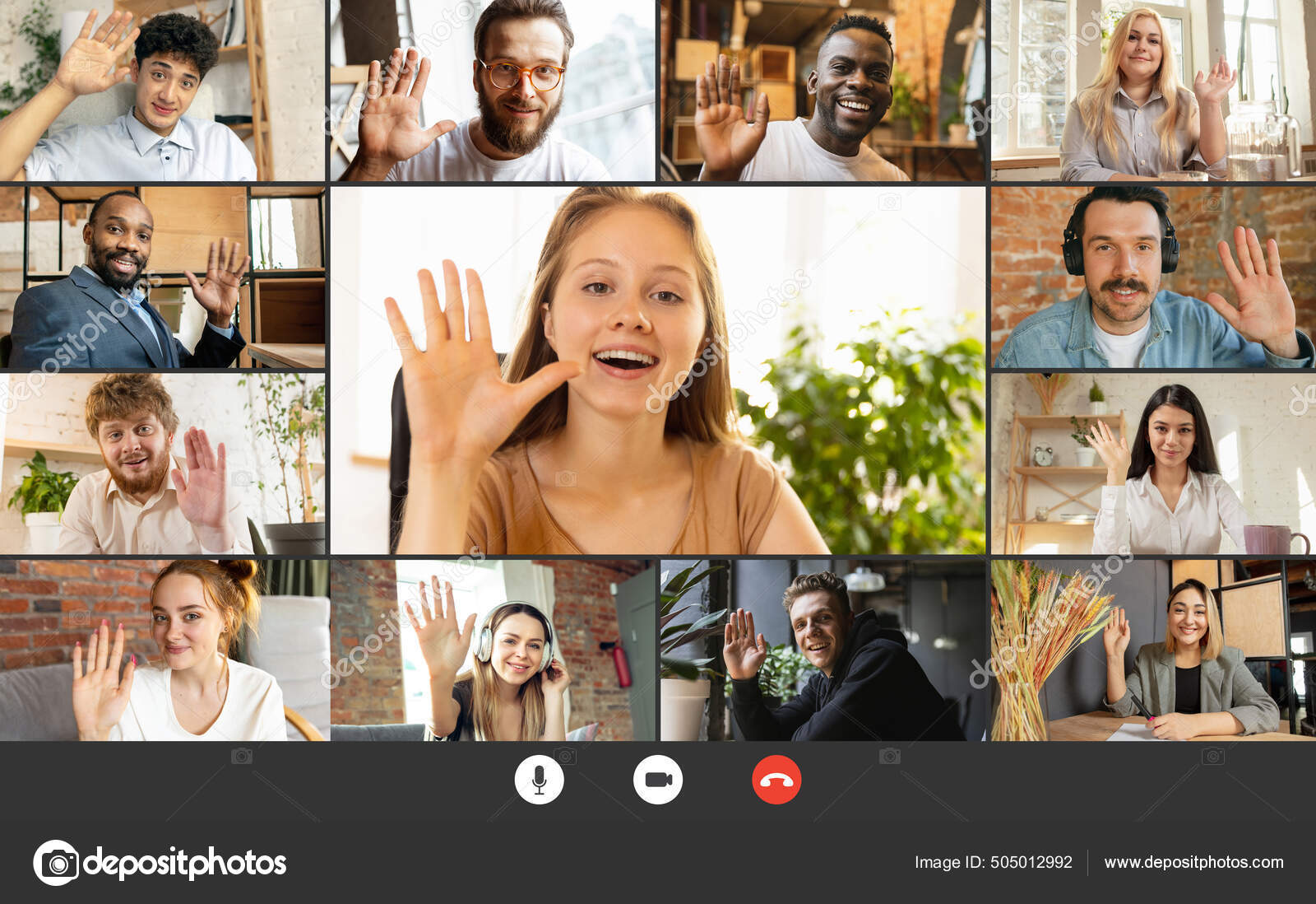 Group of multiethnic men and women meeting via group video call share