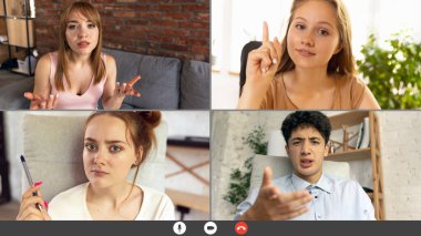 Uzaktan kumanda çalışıyor. Grup olarak çalışan takım video çağrısı paylaşım fikirleri beyin fırtınası video konferansı kullanın.