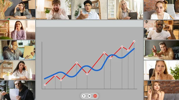 그룹 비디오 콜에 의해 일하는 팀은 비디오 콘퍼런스를 사용하여 아이디어를 공유 한다. 그래프와 도표 — 스톡 사진