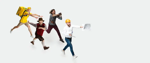Hurry up. Group of mixed-age men with different professions running isolated on white studio background, Horizontal flyer, collage — Stock Photo, Image