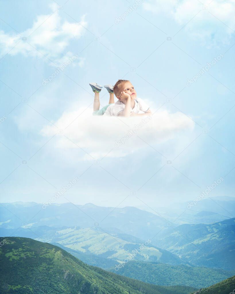 Art collage with little cute boy lying on white cloud and flying above land, mountains, nature landscape. Concept of childhood, happiness, dreams