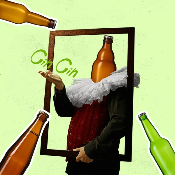 Prova de cerveja. Modelo como a realeza medieval em roupas vintage encabeçadas de garrafa. Colagem criativa. Surrealismo — Fotografia de Stock