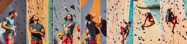 Collage van beelden van jonge man professionele bergbeklimmer oefenen in het trainingscentrum in zonnige dag, buiten. Concept van gezonde levensstijl, toerisme, natuur, beweging. — Stockfoto