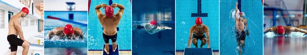 Imagem composta de retratos de nadador masculino em boné vermelho e óculos em movimento e ação durante o treinamento na piscina, dentro de casa. Estilo de vida saudável, conceito de esportes — Fotografia de Stock