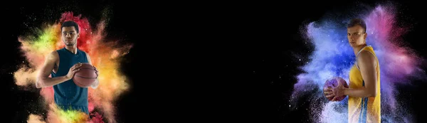 Volantino sportivo, collage creativo con due sportivi, giocatori di basket in esplosione di polvere colorata al neon isolata su sfondo scuro. Splash di colori brillanti. — Foto Stock