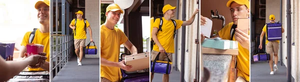 Un día de trabajo de joven repartidor. Mensajero en uniforme amarillo entrega orden a clientes, clientes, compradores. Collage. — Foto de Stock