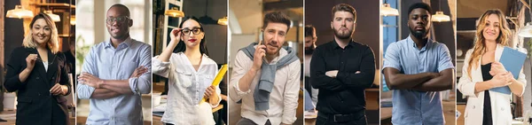 Collage av porträtt av unga affärsmän på kontoret, inomhus. Ungdomar som arbetar med kollegor, medarbetare på kontoret eller i vardagsrummet. — Stockfoto