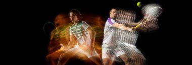 Siyah arka planda karışık ışıkta tenis oynayan adamlar. İki sporcudan oluşan kolaj, stroboskop etkisi altında hareket eden erkek tenisçiler.