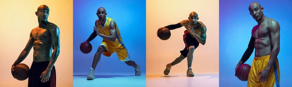 Collage di sport africano giocatore di basket maschile in movimento e azione isolato ove sfondo neon colorato. Concetto di sport professionale — Foto Stock