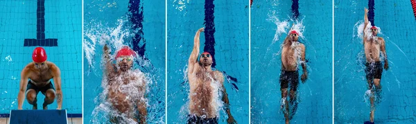Immagine composita di ritratti di nuotatori maschi in berretto rosso e occhiali in movimento e azione durante l'allenamento in piscina, all'interno. Stile di vita sano, concetto di sport — Foto Stock