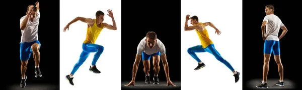 Sport collage. Jonge sportieve man, jogger, hardloper in actie geïsoleerd op witte en zwarte studio achtergrond. — Stockfoto
