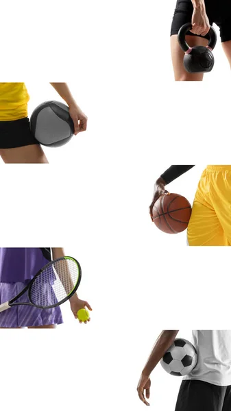 Image composite faite d'images recadrées de différents sportifs mains avec des boules. Volleyball, basket-ball, football et tennis — Photo