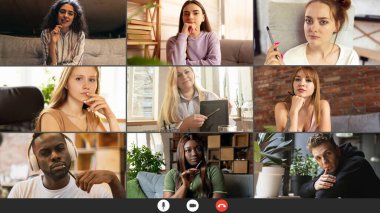 Uzaktan eğitim. Takım çalışması, çevrimiçi dersteki öğrenciler, grup içi video görüşmeleri, insanlar fikir paylaşımı, beyin fırtınası, video konferansı. Kolaj