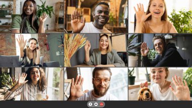 Selamlar. Ekip çalışması, grup çalışması ile uzaktan eğitim, insanlar beyin fırtınası fikirleri paylaşıyor video konferansı kullanıyorlar. Kolaj