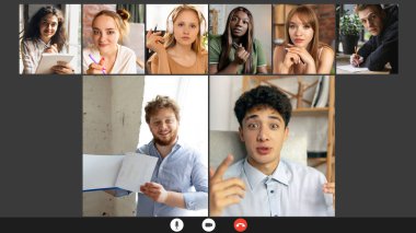 Uzaktan eğitim. Takım çalışması, çevrimiçi dersteki öğrenciler, grup içi video görüşmeleri, insanlar fikir paylaşımı, beyin fırtınası, video konferansı. Kolaj