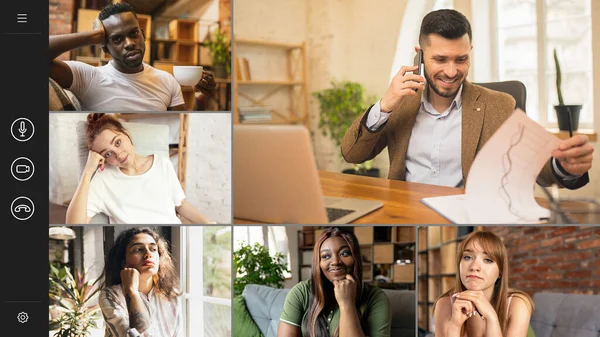 Groupe d'hommes et de femmes se réunissant par appel vidéo de groupe partager des idées remue-méninges utiliser la vidéoconférence. Collage, travail d'équipe, esprit d'équipe — Photo