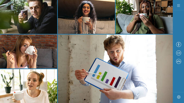 Команда, работающая по групповому видеосвязи обменивается идеями мозгового штурма, использует видеоконференцию. Графики и графики