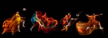 Karışık neon ışıklarda hareketler. Erkek futbol ve basketbol oyuncuları karanlık arka planda tek başlarına zıplıyorlar. El ilanı.