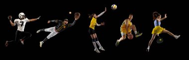 Basketbol, tenis, futbol oynayan sporcular, siyah arka planda izole edilmiş voleybol. Hareket kavramı, aktif yaşam tarzı, takım sporları
