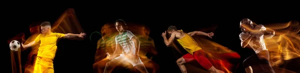 Sportmannen die basketbal, tennis, voetbal, gymnastiek op zwarte achtergrond in gemengd licht. — Stockfoto