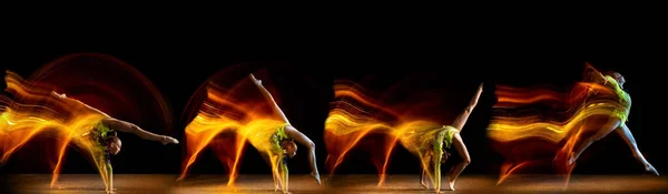 Collage. Flyer beautiful little female rhythmic gymnast training alone isolated on dark background in neon mixed light. Concept of win, sport, medals — Stock Photo, Image