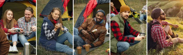 Collage. Party, camping of men and women group at forest. They relaxing and eating barbecue against green grass. The vacation, autumn, adventure, lifestyle, picnic concept — Stock Photo, Image