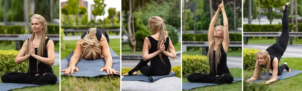 Imagem composta de tiros de mulher esportiva magro em sportswear fazendo exercícios de ioga em pedra no parque público, ao ar livre. Conceito de estilo de vida saudável — Fotografia de Stock