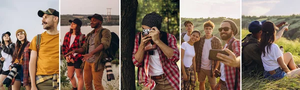 Imagem composta de fotos de grupo de amigos, jovens e mulheres passeando juntos na floresta de verão, prado. Estilo de vida, amizade, natureza — Fotografia de Stock