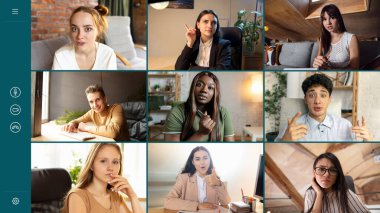 Uzaktan eğitim. Takım çalışması, çevrimiçi dersteki öğrenciler, grup içi video görüşmeleri, insanlar fikir paylaşımı, beyin fırtınası, video konferansı. Kolaj